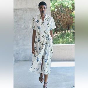 ZARA ZW COLLECTION Size XXL WRAP NECKLINE MIDI PRINTED POPLIN SLIT DRESS NWT